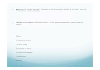   Missão: Produzir calçados bem feitos e confortáveis de alta resistência para mulheres de bom gosto e estilo com
profissionalismo e bastante dedicação.
  Visão: Ter excelência na fabricação e distribuição de calçados femininos confortáveis, duráveis, no mercado
mundial.
  Valores:
Valorização das pessoas
Espírito de equipe
Concentração no cliente
Parceria com fornecedores
Profissionalismo
Agilidade
 
