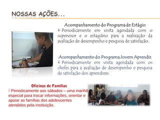 Oficinas de Famílias
 Periodicamente aos sábados – uma manhã
especial para trocar informações, orientar e
apoiar as famílias dos adolescentes
atendidos pela instituição.
 