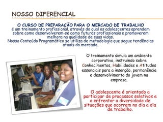 O treinamento simula um ambiente
     corporativo, instruindo sobre
Conhecimentos, Habilidades e Atitudes
essenciais para a inserção, permanência
    e desenvolvimento do jovem na
               empresa.

   O adolescente é orientado a
participar de processos seletivos e
   a enfrentar a diversidade de
situações que ocorrem no dia a dia
            de trabalho.
 