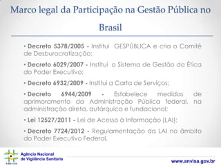 Marco legal da Participação na Gestão Pública no
Brasil
• Decreto 5378/2005 - Institui GESPÚBLICA e cria o Comitê
de Desburocratização;
• Decreto 6029/2007 - Institui o Sistema de Gestão da Ética
do Poder Executivo;
• Decreto 6932/2009 - Institui a Carta de Serviços;

• Decreto
6944/2009
Estabelece
medidas
de
aprimoramento da Administração Pública federal, na
administração direta, autárquica e fundacional;
• Lei 12527/2011 - Lei de Acesso à Informação (LAI);

• Decreto 7724/2012 - Regulamentação da LAI no âmbito
do Poder Executivo Federal.
Agência Nacional
de Vigilância Sanitária

www.anvisa.gov.br

 