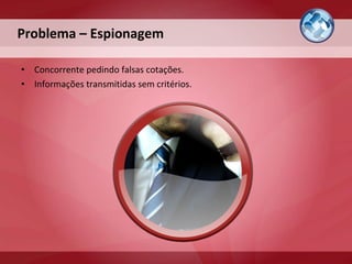 Concorrente pedindo falsas cotações. Informações transmitidas sem critérios. Problema – Espionagem 