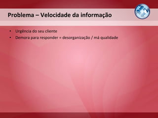 Urgência do seu cliente Demora para responder = desorganização / má qualidade Problema – Velocidade da informação 