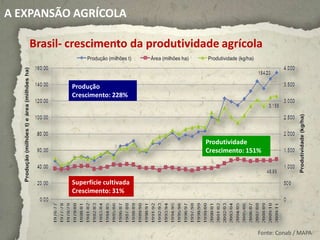 A EXPANSÃO AGRÍCOLA

   Brasil- crescimento da produtividade agrícola


           Produção
           Crescimento: 228%




                                     Produtividade
                                     Crescimento: 151%



           Superfície cultivada
           Crescimento: 31%




                                                    Fonte: Conab / MAPA
 