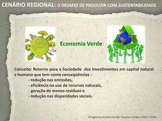 CENÁRIO REGIONAL: O DESAFIO DE PRODUZIR COM SUSTENTABILIDADE




                           Economia Verde


    Conceito: Retorno para a Sociedade dos investimentos em capital natural
    e humano que tem como conseqüências :
           - redução nas emissões,
           - eficiência no uso de recursos naturais,
           - geração de menos resíduos e
           - redução nas disparidades sociais.



                                         (Programa Ambiental das Nações Unidas UNEP, 2008)
 