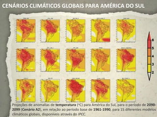 CENÁRIOS CLIMÁTICOS GLOBAIS PARA AMÉRICA DO SUL




   Projeções de anomalias de temperatura (oC) para América do Sul, para o período de 2090-
   2099 (Cenário A2), em relação ao período base de 1961-1990, para 15 diferentes modelos
   climáticos globais, disponíveis através do IPCC.
 