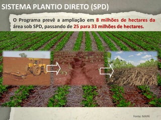 SISTEMA PLANTIO DIRETO (SPD)
   O Programa prevê a ampliação em 8 milhões de hectares da
   área sob SPD, passando de 25 para 33 milhões de hectares.




                                                   Fonte: MAPA
 