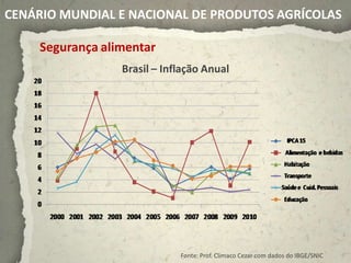 CENÁRIO MUNDIAL E NACIONAL DE PRODUTOS AGRÍCOLAS

     Segurança alimentar
                  Brasil – Inflação Anual




                              Fonte: Prof. Climaco Cezar com dados do IBGE/SNIC
 