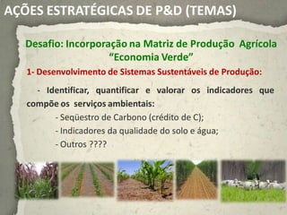AÇÕES ESTRATÉGICAS DE P&D (TEMAS)

   Desafio: Incorporação na Matriz de Produção Agrícola
                     “Economia Verde”
   1- Desenvolvimento de Sistemas Sustentáveis de Produção:
     - Identificar, quantificar e valorar os indicadores que
   compõe os serviços ambientais:
         - Seqüestro de Carbono (crédito de C);
         - Indicadores da qualidade do solo e água;
         - Outros ????
 