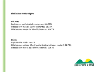 Estatísticas de reciclagem.


Nas ruas
Capitais em que há catadores nas ruas: 66,67%
Cidades com mais de 50 mil habitantes: 63,64%
Cidades com menos de 50 mil habitantes: 31,67%



Lixões
Capitais com lixões: 25,93%
Cidades com mais de 50 mil habitantes (excluídas as capitais): 72,73%
Cidades com menos de 50 mil habitantes: 66,67%
 