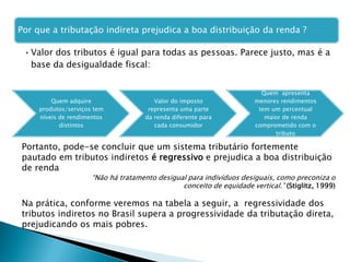 Por que a tributação indireta prejudica a boa distribuição da renda ?
•Valor dos tributos é igual para todas as pessoas. Parece justo, mas é a
base da desigualdade fiscal:
Quem adquire
produtos/serviços tem
níveis de rendimentos
distintos
Valor do imposto
representa uma parte
da renda diferente para
cada consumidor
Quem apresenta
menores rendimentos
tem um percentual
maior de renda
comprometido com o
tributo
“Não há tratamento desigual para indivíduos desiguais, como preconiza o
conceito de equidade vertical.” (Stiglitz, 1999)
Portanto, pode-se concluir que um sistema tributário fortemente
pautado em tributos indiretos é regressivo e prejudica a boa distribuição
de renda
Na prática, conforme veremos na tabela a seguir, a regressividade dos
tributos indiretos no Brasil supera a progressividade da tributação direta,
prejudicando os mais pobres.
 