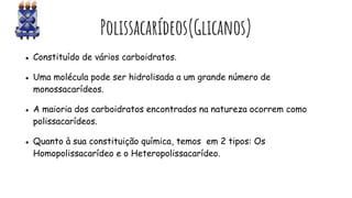 Polissacarídeos(Glicanos)
● Constituído de vários carboidratos.
● Uma molécula pode ser hidrolisada a um grande número de
monossacarídeos.
● A maioria dos carboidratos encontrados na natureza ocorrem como
polissacarídeos.
● Quanto à sua constituição química, temos em 2 tipos: Os
Homopolissacarídeo e o Heteropolissacarídeo.
 