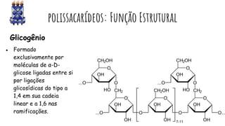 polissacarídeos: Função Estrutural
Glicogênio
● Formado
exclusivamente por
moléculas de α-D-
glicose ligadas entre si
por ligações
glicosídicas do tipo a
1,4 em sua cadeia
linear e a 1,6 nas
ramificações.
 