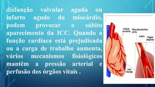 disfunção valvular aguda ou
infarto agudo do miocárdio,
podem provocar o súbito
aparecimento da ICC. Quando a
função cardíaca está prejudicada
ou a carga de trabalho aumenta,
vários mecanismos fisiológicos
mantêm a pressão arterial e
perfusão dos órgãos vitais .
 