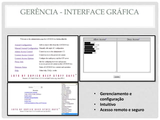 GERÊNCIA - INTERFACE GRÁFICA
• Gerenciamento e
configuração
• Intuitivo
• Acesso remoto e seguro
 