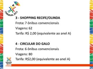 3 - SHOPPING RECIFE/OLINDA
           Frota: 7 ônibus convencionais
           Viagens: 62
           Tarifa: R$ 2,00 (equivalente ao anel A)

           4 - CIRCULAR DO GALO
           Frota: 6 ônibus convencionais
           Viagens: 80
           Tarifa: R$2,00 (equivalente ao anel A)
 Marca
Presença
 