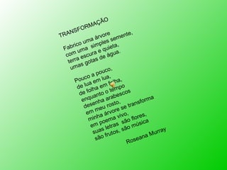 TRANSFORMAÇÃO Fabrico uma árvore com uma  simples semente, terra escura e quieta, umas gotas de água. Pouco a pouco, de lua em lua, de folha em folha, enquanto o tempo desenha arabescos em meu rosto, minha árvore se transforma em poema vivo, suas letras  são flores, são frutos, são música  Roseana Murray 
