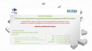 ENTREGA DE MÍDIA
CAMPANHA EM TODAS AS LOJAS DA REDE
143 LOJAS
• 2 inserções hora – 01 a cada 30 minutos
• Tempo de permanência do consumidor nas lojas:
• 1h20 min
• Nº médio de impactos por consumidor: 5
02
28
840
120.120
inserções / hora / loja
inserções / dia / loja
inserções / mês / loja
inserções / rede / mês