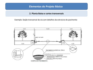 Elementos do Projeto Básico
2. Planta Baixa e cortes transversais
Exemplo: Seção transversal da via com detalhes da estrutura do pavimento
 
