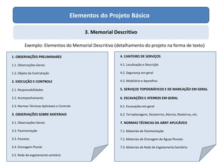Elementos do Projeto Básico
3. Memorial Descritivo
1. OBSERVAÇÕES PRELIMINARES
1.1. Observações Gerais
1.2. Objeto da Contratação
2. EXECUÇÃO E CONTROLE
2.1. Responsabilidades
2.2. Acompanhamento
2.3. Normas Técnicas Aplicáveis e Controle
3. OBSERVAÇÕES SOBRE MATERIAIS
3.1. Observações Gerais
3.2. Pavimentação
3.3. Passeios
3.4. Drenagem Pluvial
3.5. Rede de esgotamento sanitário
4. CANTEIRO DE SERVIÇOS
4.1. Localização e Descrição
4.2. Segurança em geral
4.3. Mobiliário e Aparelhos
5. SERVIÇOS TOPOGRÁFICOS E DE MARCAÇÃO EM GERAL
6. ESCAVAÇÕES E ATERROS EM GERAL
6.1. Escavações em geral
6.2. Terraplanagens, Desaterros, Aterros, Reaterros, etc.
7. NORMAS TÉCNICAS DA ABNT APLICÁVEIS
7.1. Materiais de Pavimentação
7.2. Materiais de Drenagem de Águas Pluviais
7.3. Materiais de Rede de Esgotamento Sanitário
Exemplo: Elementos do Memorial Descritivo (detalhamento do projeto na forma de texto)
 