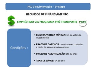 PAC 2 Pavimentação – 3ª Etapa
RECURSOS DE FINANCIAMENTO
EMPRÉSTIMO VIA PROGRAMA PRÓ-TRANSPORTE
• CONTRAPARTIDA MÍNIMA: 5% do valor do
investimento
• PRAZO DE CARÊNCIA: até 48 meses contados
a partir da assinatura do contrato
• PRAZO DE AMORTIZAÇÃO: até 20 anos
• TAXA DE JUROS: 6% ao ano
Condições :
 