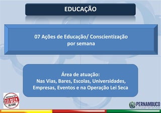 EDUCAÇÃO


                           07 Ações de Educação/ Conscientização
                                        por semana




                                      Área de atuação:
                           Nas Vias, Bares, Escolas, Universidades,
                          Empresas, Eventos e na Operação Lei Seca



Comitê de Prevenção aos Acidentes de Moto
 