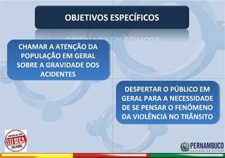 CHAMAR A ATENÇÃO DA
          POPULAÇÃO EM GERAL
         SOBRE A GRAVIDADE DOS
               ACIDENTES
                                             DESPERTAR O PÚBLICO EM
                                            GERAL PARA A NECESSIDADE
                                            DE SE PENSAR O FENÔMENO
                                            DA VIOLÊNCIA NO TRÂNSITO




Comitê de Prevenção aos Acidentes de Moto
 