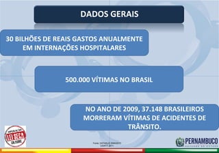 DADOS GERAIS

   30 BILHÕES DE REAIS GASTOS ANUALMENTE
        EM INTERNAÇÕES HOSPITALARES



                                      500.000 VÍTIMAS NO BRASIL


                                            NO ANO DE 2009, 37.148 BRASILEIROS
                                            MORRERAM VÍTIMAS DE ACIDENTES DE
                                                       TRÂNSITO.

                                              Fonte: DATASUS 2000/2010
                                                     USIATT 2011

Comitê de Prevenção aos Acidentes de Moto
 