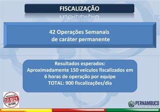42 Operações Semanais
                                         de caráter permanente


                                Resultados esperados:
                     Aproximadamente 150 veículos fiscalizados em
                            6 horas de operação por equipe
                              TOTAL: 900 fiscalizações/dia



Comitê de Prevenção aos Acidentes de Moto
 