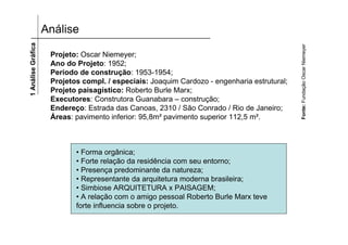 Análise1AnáliseGráfica
Projeto: Oscar Niemeyer;
Ano do Projeto: 1952;
Período de construção: 1953-1954;
Projetos compl. / especiais: Joaquim Cardozo - engenharia estrutural;
Projeto paisagístico: Roberto Burle Marx;
Executores: Construtora Guanabara – construção;
Endereço: Estrada das Canoas, 2310 / São Conrado / Rio de Janeiro;
Áreas: pavimento inferior: 95,8m² pavimento superior 112,5 m².
Fonte:FundaçãoOscarNiemeyer
• Forma orgânica;
• Forte relação da residência com seu entorno;
• Presença predominante da natureza;
• Representante da arquitetura moderna brasileira;
• Simbiose ARQUITETURA x PAISAGEM;
• A relação com o amigo pessoal Roberto Burle Marx teve
forte influencia sobre o projeto.
 