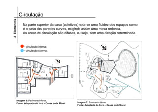 Circulação2Elementos
Na parte superior da casa (coletivas) nota-se uma fluidez dos espaços como
é o caso das paredes curvas, exigindo assim uma mesa redonda.
As áreas de circulação são difusas, ou seja, sem uma direção determinada.
- circulação interna;
- circulação externa.
Imagem 6: Pavimento inferior.
Fonte: Adaptado do livro – Casas onde Morei Imagem 7: Pavimento térreo
Fonte: Adaptado do livro – Casas onde Morei
 