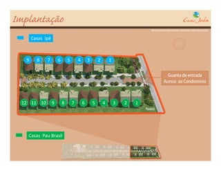 Implantação
                                                                               Material preliminar sujeito a alterações sem aviso prévio


       Casas Ipê



   9     8    7        6       5       4       3       2       1


                                                                                             Guarita de entrada
                                                                                           Acesso ao Condomínio



  12 11 10         9       8       7       6       5       4       3   2   1




    Casas Pau Brasil
 