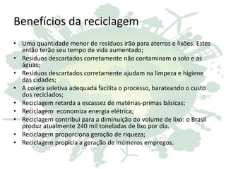 Benefícios da reciclagem
• Uma quantidade menor de resíduos irão para aterros e lixões. Estes
então terão seu tempo de vida aumentado;
• Resíduos descartados corretamente não contaminam o solo e as
águas;
• Resíduos descartados corretamente ajudam na limpeza e higiene
das cidades;
• A coleta seletiva adequada facilita o processo, barateando o custo
dos reciclados;
• Reciclagem retarda a escassez de matérias-primas básicas;
• Reciclagem economiza energia elétrica;
• Reciclagem contribui para a diminuição do volume de lixo: o Brasil
produz atualmente 240 mil toneladas de lixo por dia.
• Reciclagem proporciona geração de riqueza;
• Reciclagem propicia a geração de inúmeros empregos.
 
