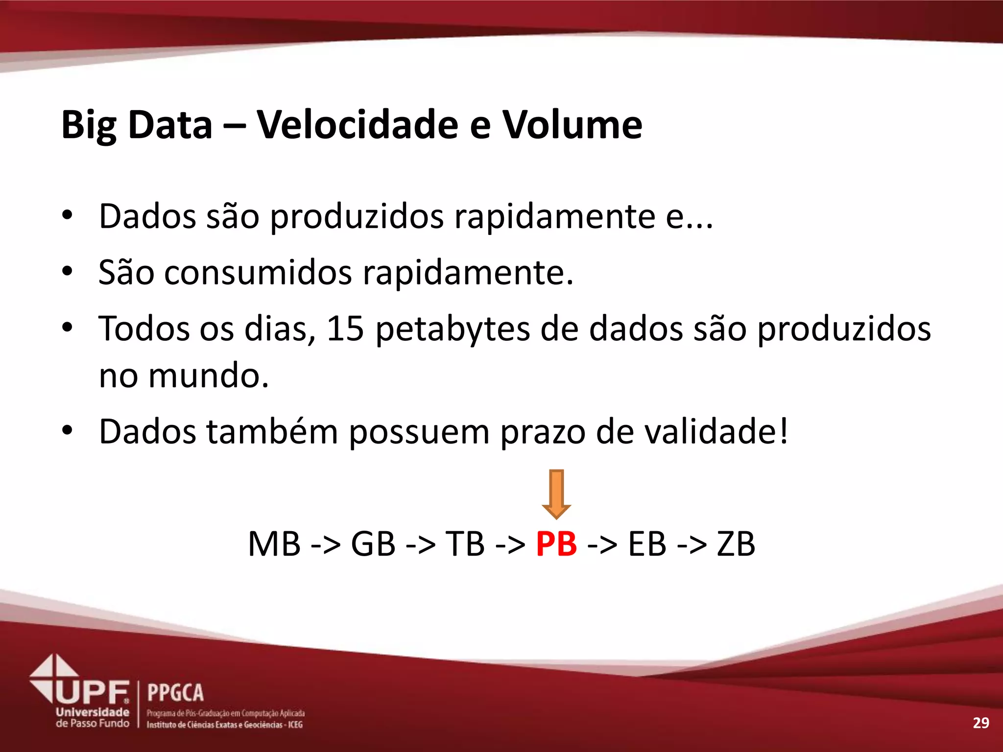 Big Data – Velocidade e Volume 
•Dados são produzidos rapidamente e... 
•São consumidos rapidamente. 
•Todos os dias, 15 petabytes de dados são produzidos no mundo. 
•Dados também possuem prazo de validade! 
MB -> GB -> TB -> PB -> EB -> ZB 
29  