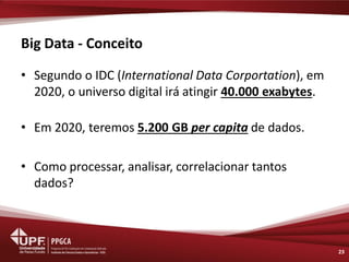 Big Data - Conceito 
•Segundo o IDC (International Data Corportation), em 2020, o universo digital irá atingir 40.000 exabytes. 
•Em 2020, teremos 5.200 GB per capita de dados. 
•Como processar, analisar, correlacionar tantos dados? 
23  