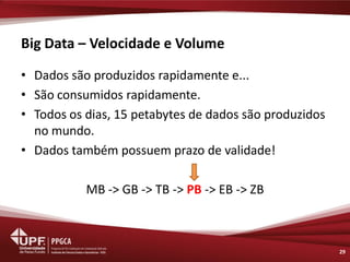 Big Data – Velocidade e Volume 
•Dados são produzidos rapidamente e... 
•São consumidos rapidamente. 
•Todos os dias, 15 petabytes de dados são produzidos no mundo. 
•Dados também possuem prazo de validade! 
MB -> GB -> TB -> PB -> EB -> ZB 
29  