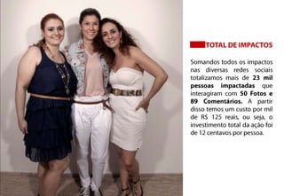 TOTAL DE IMPACTOSSomandos todos os impactos nas diversas redes sociais totalizamos mais de 23 mil pessoas impactadas que interagiram com 50 Fotos e 89 Comentários. A partir disso temos um custo por mil de R$ 125 reais, ou seja, o investimento total da ação foi de 12 centavos por pessoa.