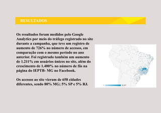 RESULTADOS
Os resultados foram medidos pelo Google
Analytics por meio do tráfego registrado no site
durante a campanha, que teve um registro de
aumento de 726% no número de acessos, em
comparação com o mesmo período no ano
anterior. Foi registrado também um aumento
de 1.211% em usuários únicos no site, além do
crescimento de 1.400% no número de fãs na
página do IEPTB- MG no Facebook.
Os acessos ao site vieram de 658 cidades
diferentes, sendo 80% MG; 5% SP e 5% RJ.
 