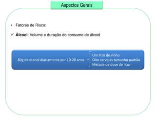 Aspectos Gerais


• Fatores de Risco:

 Álcool: Volume e duração do consumo de álcool




                                              Um litro de vinho
   80g de etanol diariamente por 10-20 anos   Oito cervejas tamanho padrão
                                              Metade de dose de licor
 