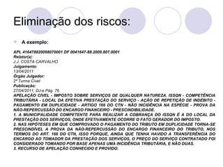 Eliminação dos riscos: A exemplo:  APL 416478820098070001 DF 0041647-88.2009.807.0001 Relator(a ): J.J. COSTA CARVALHO Julgamento: 13/04/2011  Órgão Julgador: 2ª Turma Cível Publicação: 27/04/2011, DJ-e Pág. 76 APELAÇÃO CÍVEL - IMPOSTO SOBRE SERVIÇOS DE QUALQUER NATUREZA. ISSQN - COMPETÊNCIA TRIBUTÁRIA - LOCAL DA EFETIVA PRESTAÇÃO DO SERVIÇO - AÇÃO DE REPETIÇÃO DE INDÉBITO - PAGAMENTO EM DUPLICIDADE - ARTIGO 166 DO CTN - NÃO INCIDÊNCIA NA ESPÉCIE - PROVA DA NÃO-REPERCUSSÃO DO ENCARGO FINANCEIRO - PRESCINDIBILIDADE. 1. A MUNICIPALIDADE COMPETENTE PARA REALIZAR A COBRANÇA DO ISSQN É A DO LOCAL DA PRESTAÇÃO DOS SERVIÇOS, ONDE EFETIVAMENTE OCORRE O FATO GERADOR DO IMPOSTO. 2. NAS HIPÓTESES EM QUE COMPROVADO O PAGAMENTO DO TRIBUTO EM DUPLICIDADE TORNA-SE PRESCINDÍVEL A PROVA DA NÃO-REPERCUSSÃO DO ENCARGO FINANCEIRO DO TRIBUTO, NOS TERMOS DO ART. 166 DO CTN, ISSO PORQUE, AINDA QUE TENHA HAVIDO A TRANSFERÊNCIA DO ENCARGO AO TOMADOR DA PRESTAÇÃO DOS SERVIÇOS, O PREÇO DO SERVIÇO CONTRATADO FOI CONSIDERADO TOMANDO POR BASE APENAS UMA INCIDÊNCIA TRIBUTÁRIA, E NÃO DUAS. 3. RECURSO DE APELAÇÃO CONHECIDO E PROVIDO. 