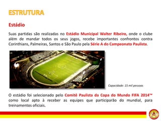 Estádio
Suas partidas são realizadas no Estádio Municipal Walter Ribeiro, onde o clube
além de mandar todos os seus jogos, recebe importantes confrontos contra
Corinthians, Palmeiras, Santos e São Paulo pela Série A do Campeonato Paulista.

Capacidade: 15 mil pessoas

O estádio foi selecionado pelo Comitê Paulista da Copa do Mundo FIFA 2014™
como local apto à receber as equipes que participarão do mundial, para
treinamentos oficiais.

 
