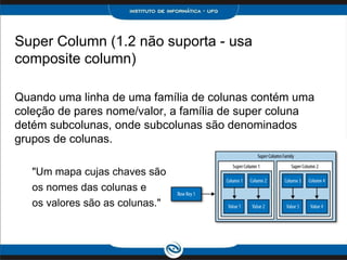 Super Column (1.2 não suporta - usa
composite column)

Quando uma linha de uma família de colunas contém uma
coleção de pares nome/valor, a família de super coluna
detém subcolunas, onde subcolunas são denominados
grupos de colunas.

   "Um mapa cujas chaves são
   os nomes das colunas e
   os valores são as colunas."
 