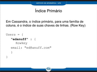 Índice Primário

Em Cassandra, o índice primário, para uma família de
coluna, é o índice de suas chaves de linhas. (Row Key)

Users = {
  "edanuff" : {
     Rowkey
  email: "ed@anuff.com"
  }
}
 
