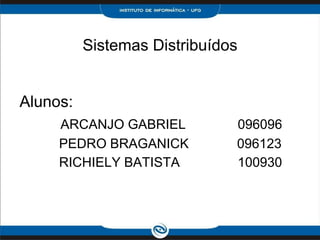 Sistemas Distribuídos


Alunos:
     ARCANJO GABRIEL          096096
     PEDRO BRAGANICK          096123
     RICHIELY BATISTA         100930
 