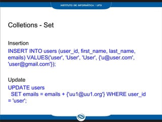 Colletions - Set

Insertion
INSERT INTO users (user_id, first_name, last_name,
emails) VALUES('user', 'User', 'User', {'u@user.com',
'user@gmail.com'});

Update
UPDATE users
 SET emails = emails + {'uu1@uu1.org'} WHERE user_id
= 'user';
 