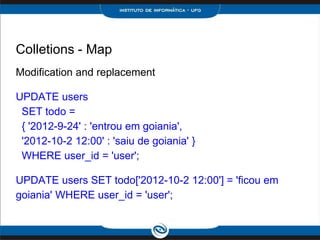 Colletions - Map
Modification and replacement

UPDATE users
 SET todo =
 { '2012-9-24' : 'entrou em goiania',
 '2012-10-2 12:00' : 'saiu de goiania' }
 WHERE user_id = 'user';

UPDATE users SET todo['2012-10-2 12:00'] = 'ficou em
goiania' WHERE user_id = 'user';
 