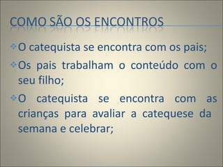 O catequista se encontra com os pais; Os pais trabalham o conteúdo com o seu filho; O catequista se encontra com as crianças para avaliar a catequese da  semana e celebrar; 