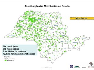 Distribuição das Microbacias no Estado




514 municípios
970 microbacias
3,3 milhões de hectares
70,4 mil famílias de beneficiários
 