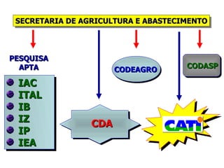SECRETARIA DE AGRICULTURA E ABASTECIMENTO
 SECRETARIA DE AGRICULTURA E ABASTECIMENTO



PESQUISA
  APTA                               CODASP
                       CODEAGRO
 IAC
 IAC
 ITAL
 ITAL
 IB
 IB
 IZ
 IZ              CDA
 IP
 IP
 IEA
 IEA
 