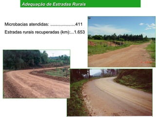 Adequação de Estradas Rurais



Microbacias atendidas: .....................411
Estradas rurais recuperadas (km):...1.653
 