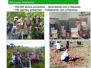 Educação Ambiental
   • 450.000 alunos envolvidos - Aprendendo com a Natureza
   • 750 agentes ambientais – Trabalhando com a Natureza
 